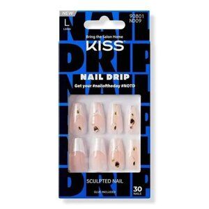 Kiss Nail Drip Gold Glue-On Fake Nails, Gold Jeweled Press On Manicure, Long